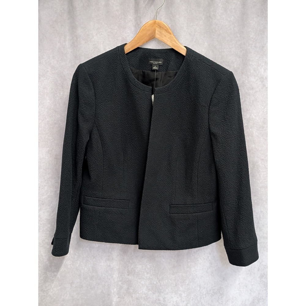 Ann Taylor Factory Women Black Textured Collarless Open Front Blazer 12-C221